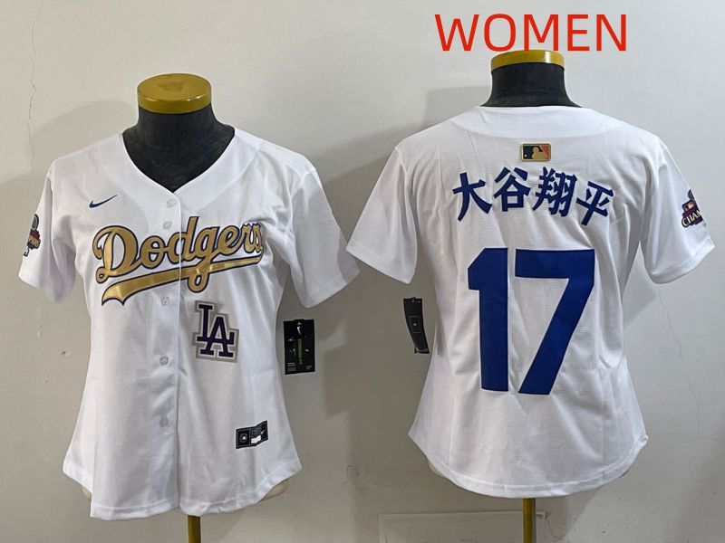 Women Los Angeles Dodgers #17 Ohtani White Champion edition Nike MLB Jersey style 006